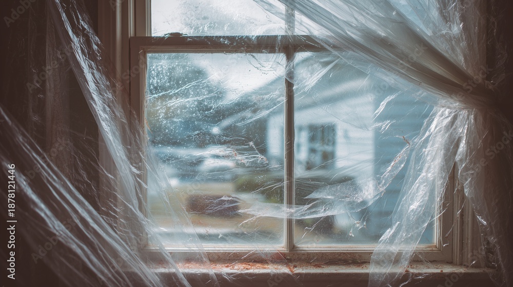 Broken window pane covered with clear protective film, torn film edges ...