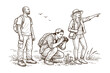 © polgin - Illustration of three people enjoying a nature hike. Photographing wildflowers. Vector illustration