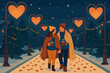 © Andrii - Starry stroll romantic shoulders along vector winter couple street glowing illustration their
