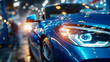 © MultiPixel - Blue sports car shines under bright workshop lights while a technician works in the background, capturing a moment of automotive craftsmanship
