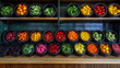 © sommersby - Expansive and vibrant self-serve salad bar showcasing bountiful array of fresh, colorful fruits and vegetables, neatly presented in black bowls on multiple wooden shelves, inviting healthy eating.