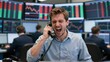 © BOJOShop - Stressed financial broker shouting into a handset while working in a room full of stock market charts