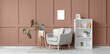 © Pixel-Shot - Comfortable grey armchair with soft pillow and shelving unit near brown wall in living room