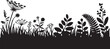 © Rajmina - Minimalist black and white silhouette vector illustration of a diverse botanical meadow border with wild grasses and various spring or summer wildflowers, ideal for nature-themed design