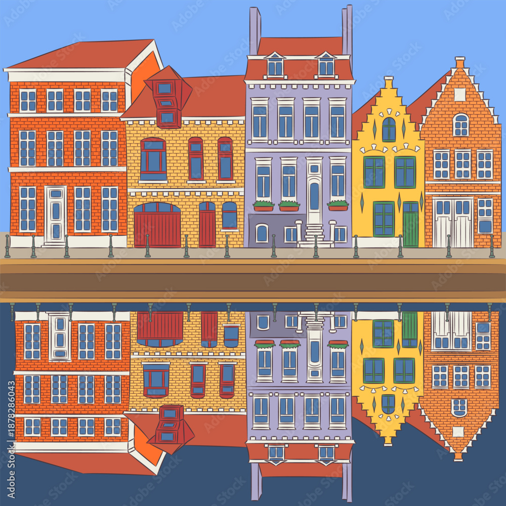 Color vector illustration of Bruges Belgium canal houses
