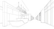 © Bappi - Modern minimalist reception area line art illustration featuring a sleek desk pendant lighting and long commercial building hallway