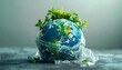 © Zaky - A globe representing Earth is enveloped in transparent plastic, with lush green plants sprouting from its surface, symbolizing fragility