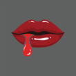 © Arf_Studio - A close-up, stylized illustration of luscious red lips with a single drop of blood dripping from the lower lip against a plain grey background