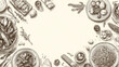 © Muslima - Hand Drawn Italian Cuisine Illustration with Pasta and Seafood on Vintage Paper.
