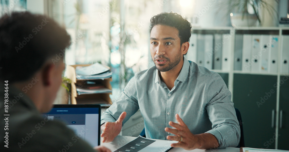 Laptop, job interview and business men in office for meeting ...