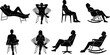 © Yeasin - People relaxing on modern chairs silhouette set, comfortable sitting poses, leisure lifestyle, home interior furniture concept, isolated black vector illustration