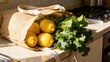 © ibhonk - Fresh yellow lemons and leafy green kale spilling out of a sustainable reusable burlap tote bag resting on a kitchen counter in golden sunlight.