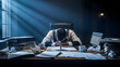 © Apex Imagery - Overworked businessman sleeping on a desk amidst stacks of paperwork, documents, and crumpled papers in a dimly lit office with moonlight streaming
