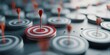 © RRIKATO - Bullseye Focus: A macro shot emphasizes precision and strategic alignment with many targets marked with darts in a business setting, symbolizing goals and precision.