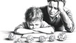 © Bushra - Father looking stressed while observing a young child resting head down on a desk surrounded by crumpled paper illustrating academic difficulty or creative block.