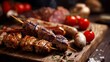 © decorator - Savory grilled kebabs and sausages on a wooden board evoke summer barbecue season deliciousness