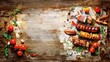 © decorator - Summery grilled kebabs watercolor illustration evokes warm barbecue season on rustic wood backdrop