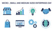 © Agung - Graphic displaying eight blue and teal icons related to Micro Small and MediumSized Enterprises Day