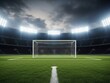 © Ruhul amin - Football goal on a green soccer field in a stadium under dramatic lights isolated on white background