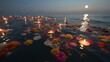 © Antonio  - The ocean during Festival of Yemanjá, full moon rising above the horizon, floating candles and flower offerings drifting on calm water