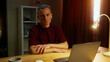 © Татьяна Епанешникова - Confident serious man worker work laptop at home. Successful guy looking at camera. Male employee portrait. Busy ceo person use pc. Online education student. Computer freelancer. Distant remote job.