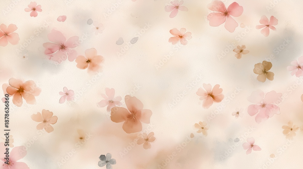 Soft watercolor illustration featuring delicate pink and peach flowers scattered across a light background, creating a serene and tranquil atmosphere for design or decoration