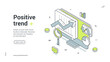 © provectors - Web banner for positive trend and business analytics. Isometric vector illustration template with computer, charts and graphs for data analysis, financial report and marketing success concept
