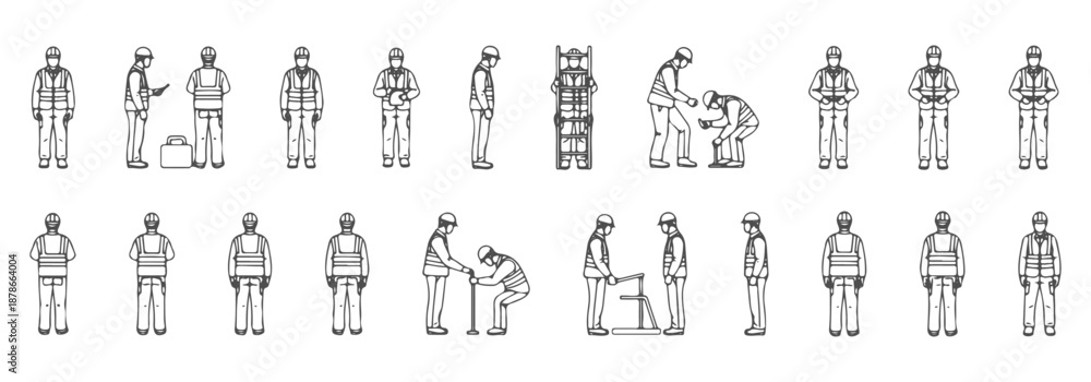 Construction workers CAD drawings, top and side view, helmets safety ...