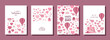 © maradaisy - Valentines day cards. Cut lovely background for February 14. Love burgundy pink posters with hearts, gift boxes and hot air balloons. Romantic girly red banner. Vector illustration. Flat design.