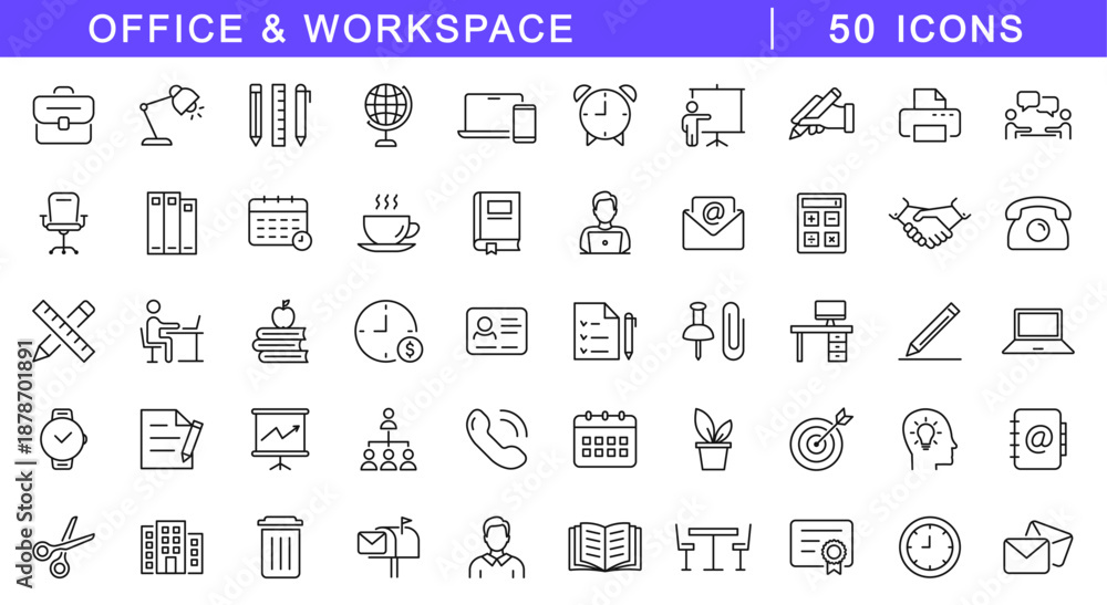 Workspace Icon File Office and workspace icon set. Office icons in line style. Editable web ...