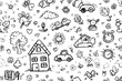 © Avrilin - Uroczy, ręcznie rysowany wzór doodle z domkami, samochodami i kwiatami na białym tle, idealny do projektów dziecięcych.