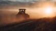 © Thares2020 - A yellow tractor drives on a dusty rural road during golden hour bathed in warm sunlight