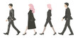 © Dizzi - Grupo de cuatro profesionales en traje caminando de perfil sobre fondo blanco, ideal para diseño transparente.