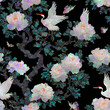 © springsullIllust - Seamless luxury Korean traditional mother of pearl lacquerware pattern with iridescent peonies and cranes on black background (검은 배경 위 영롱한 모란과 학이 있는 럭셔리 한국 전통 나전칠기 연속 패턴)