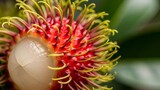 Close up of a vibrant rambutan fruit with spiky red and green skin and white flesh.