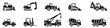 © Jeremy_Show - Set of construction machines. Construction transport icons. Collection of black construction vehicle icons including excavators bulldozers cranes and dump trucks isolated on white background.