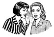 © slowbuzzstudio - Woman secretly whispering to her surprised friend in a retro black and white comic style illustration