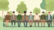 © brandingin - Group of diverse men sitting on a park bench under stylized cartoon trees