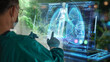 © frank29052515 - Doctor using futuristic medical interface with digital X-ray and patient scan data on holographic screen in hospital, healthcare technology and diagnosis concept.