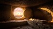 © Alice C - Empty tomb with rolled stone and burial cloth at sunrise, showing three crosses on distant hill. Perfect for Easter, resurrection themes, faith projects, and religious celebrations.