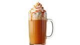 Caramel latte with whipped cream isolated PNG, delicious coffee drink with caramel drizzle on transparent background
