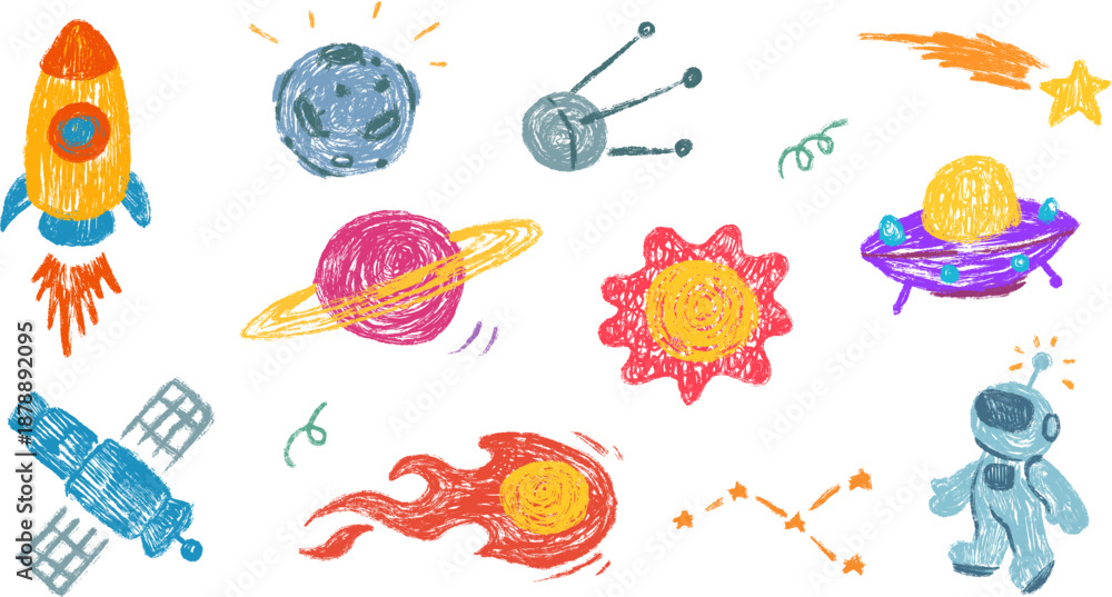 Cosmic space elements in hand drawn cartoon doodle style made from ...