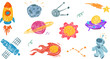 © vvvisual - Cosmic space elements in hand drawn cartoon doodle style made from pencil, marker or chalk crayon. Planet, rocket, asteroid. Scribble vector illustration background for education children book, card.