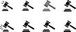 © MstBabli - Set of eight solid black legal gavel icons featuring various hammer angles and striking positions for law justice.