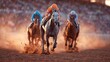 © Yevheniiya - Racehorses compete in a thrilling horse race, kicking up dirt on the track.