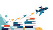 © Biplob - Determined woman flying a blue airplane as it takes off from a stack of books towards success and higher career goals in life.