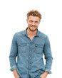 © Vlad - Smiling male model posing in denim shirt portrait bright environment, isolated on transparent background, png