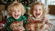 © Larisa AI - Two ecstatic children celebrating Christmas, brimming with excitement as they hold their beautifully wrapped presents, embodying the joy and wonder of the holiday season.