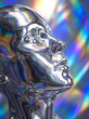 © Aurora Aesthetics - Futuristic iridescent chrome human face sculpture looking up surreal beauty advertisement background holographic liquid metal aesthetic conceptual art luxury high tech