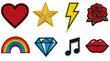 © MDNANNU - Embroidered patch set including heart, star, lightning bolt, rose, rainbow, diamond, music note, and lips isolated. Fashion accessory and craft collection.